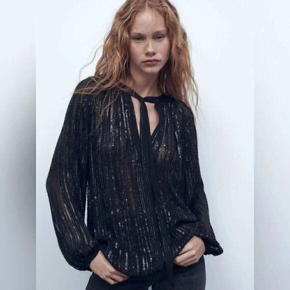 ZARA VOLUMINOUS SEQUIN BLOUSE - Picture 1 of 8